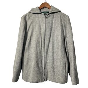 Lauren Ralph Lauren Lambswool Gray Herringbone Zip Up Contemporary Jacket L